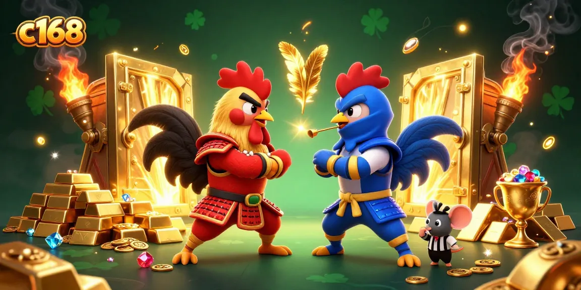 Experience thrilling action at c168 with dynamic illustrations of rooster fighters in a captivating casino environment.