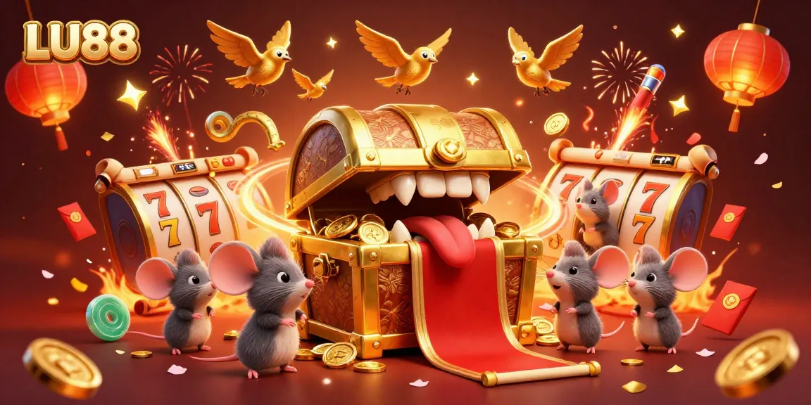 LU88 offers thrilling casino gaming with vibrant treasures and festive fireworks illuminating the scene.
