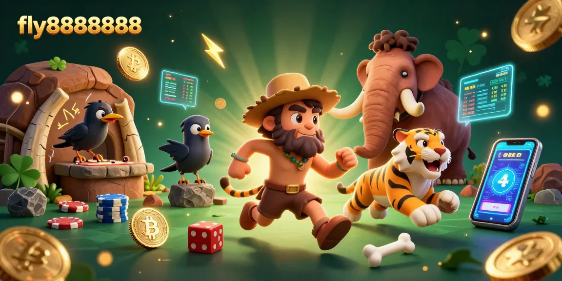 Fly88888888 showcases a lively scene with a cartoon caveman and sabertooth tiger managing a prehistoric casino filled with vibrant gambling elements.