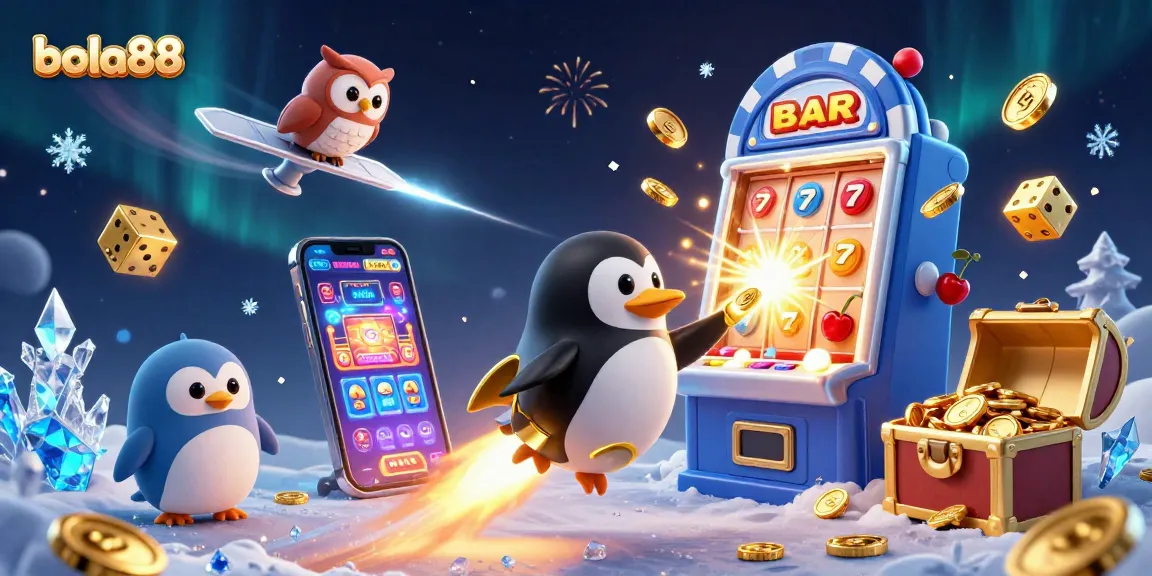 Bola88 menghadirkan keseruan dalam ilustrasi kasino 3D yang menampilkan penguin emas dan mesin slot besar.