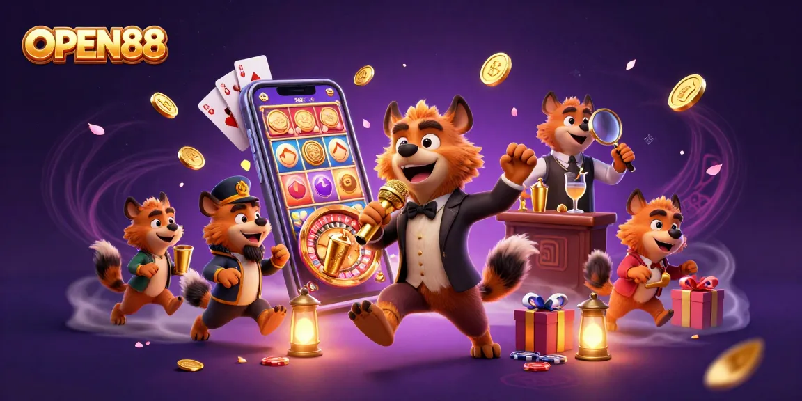 Join the fun at OPEN88's comedy casino with hyenas, colorful slot games, and dynamic drinks.