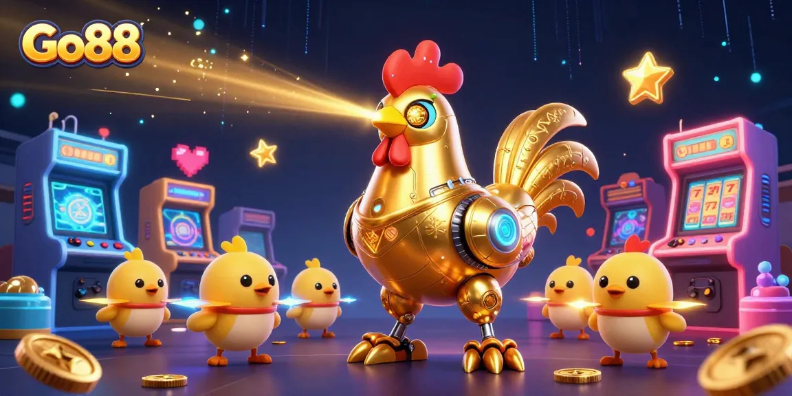 Engage with Go88's thrilling casino experience featuring vibrant 3D illustrations of gaming robots and arcade elements.
