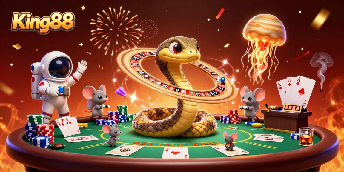 Experience thrilling bets at King88 with a cosmic-themed casino illustration featuring vibrant visuals.