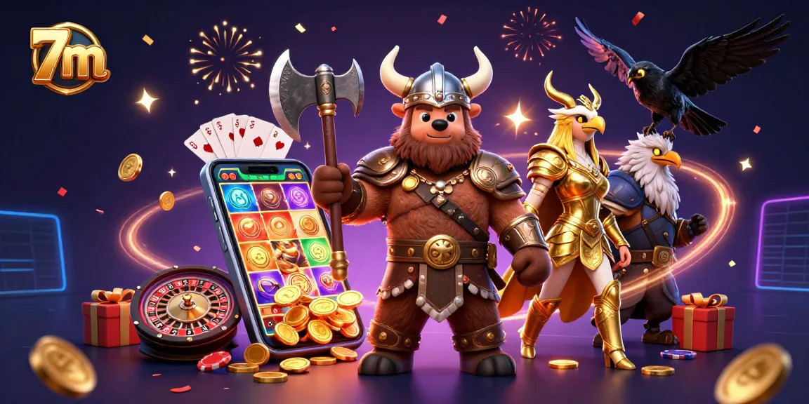 Engage with 7m's exciting gameplay featuring a Viking bear and Valkyrie in a thrilling casino scene.