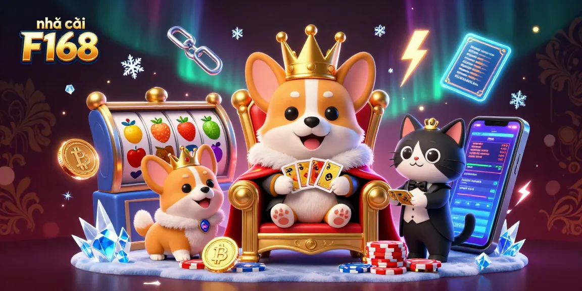Experience gaming at nhà cái F168 with vibrant 3D illustration displaying corgis, crypto coins, and slot elements.