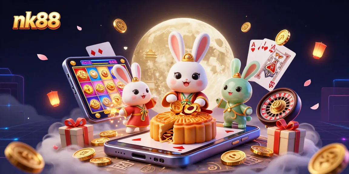 Experience thrilling gaming at nk88 with a playful moon rabbit and exciting casino elements.
