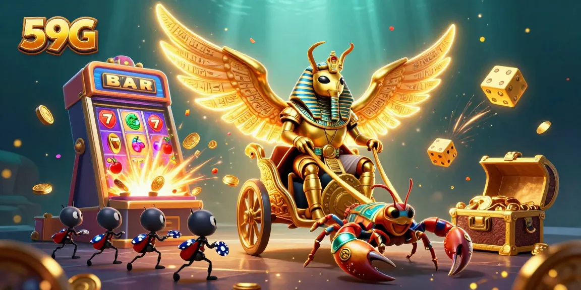 Exciting 59G casino scene with a golden scarab beetle, slot machines, and vibrant game elements.