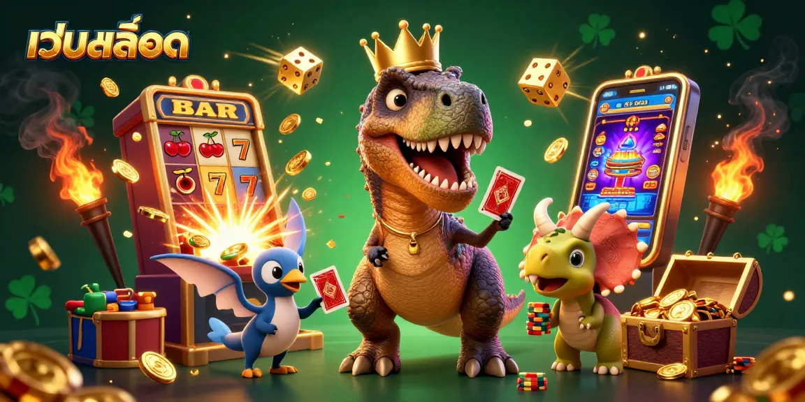 Spin and win at เว็บสล็อต with a playful dinosaur-themed casino illustration featuring fun characters and vibrant action.