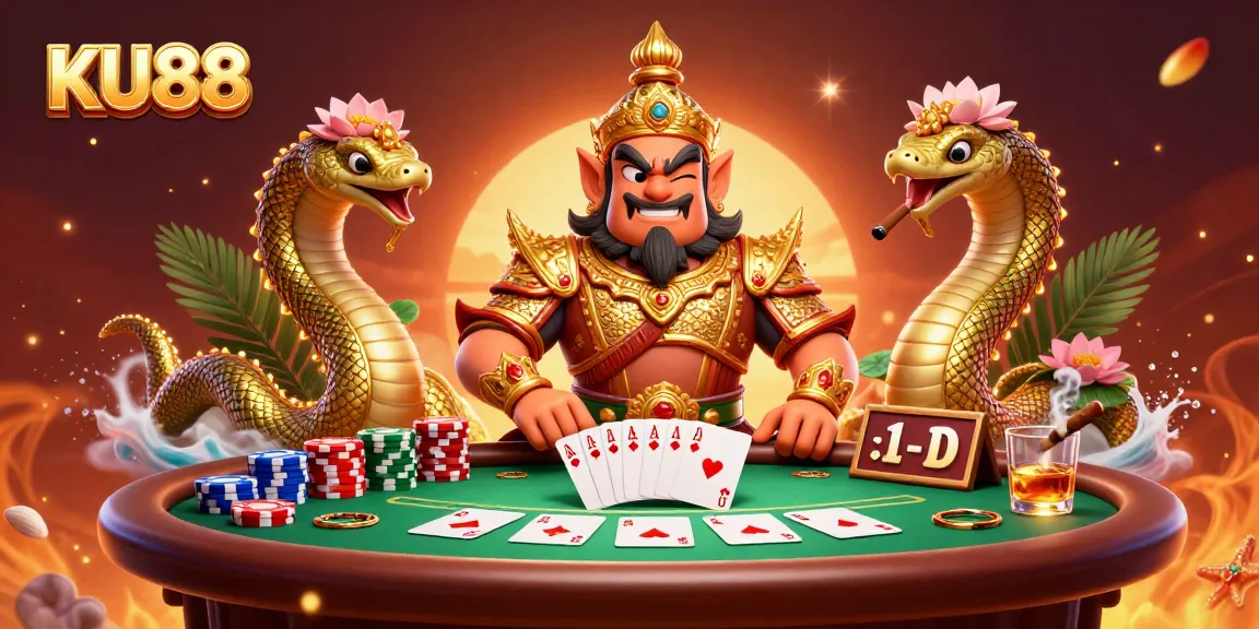 Engage with exciting poker action at KU88, featuring dynamic gameplay, colorful poker chips, and thematic elements.