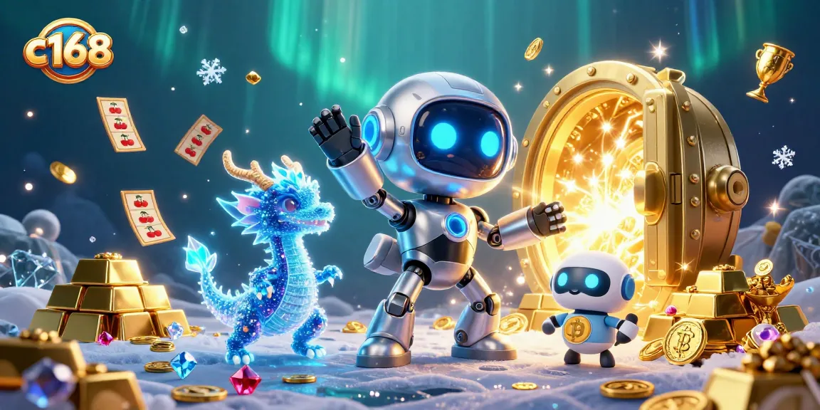 Experience thrilling winning moments at c168 casino with cartoon robot and treasure, game elements.
