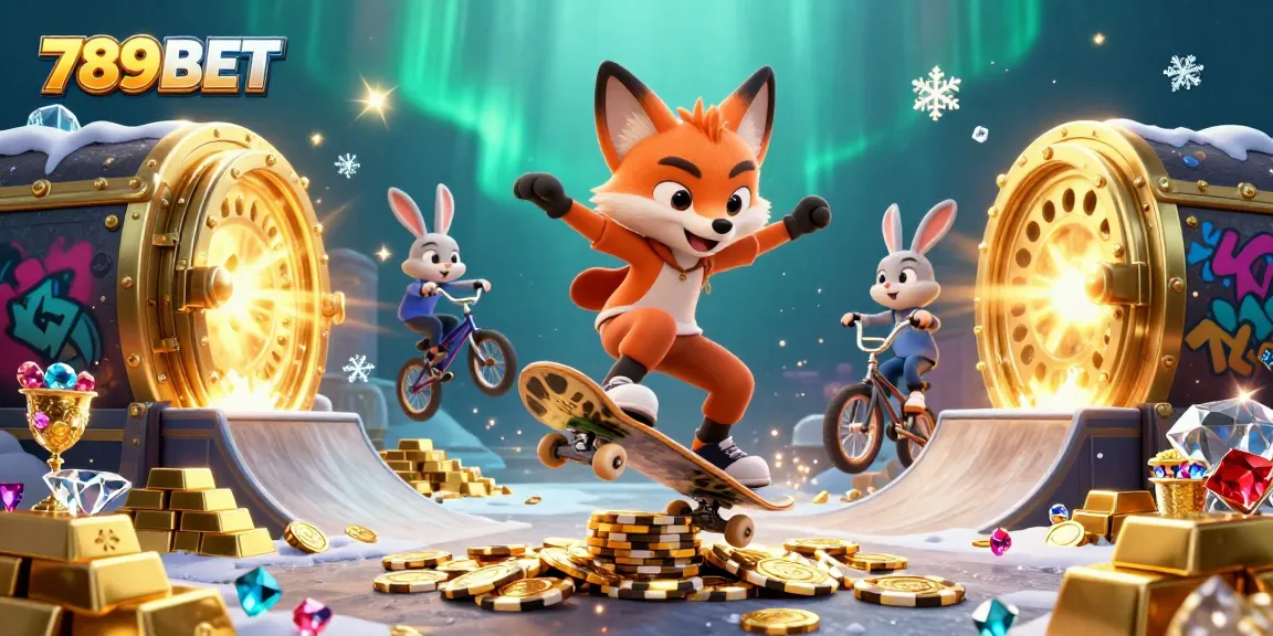 Experience thrilling 789BET gaming action with a skateboarder fox and BMX rabbit amidst festive casino symbols.