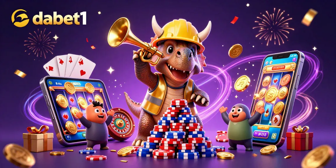dabet1 celebrates casino fun with a triceratops building poker chip pyramid and joyous characters