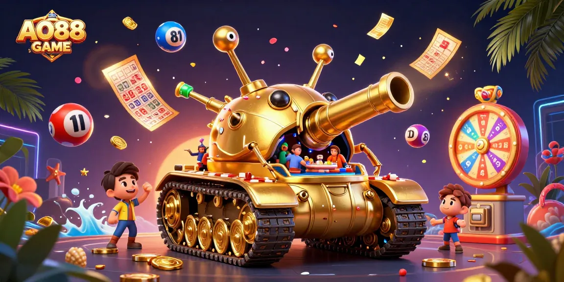 Engage with the vibrant universe of AO88 GAME featuring a festive miniature casino within a golden beetle tank.