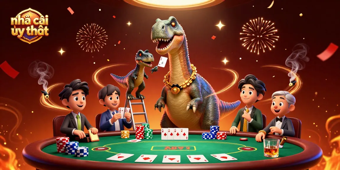 Experience the excitement of nhà cái uy tín with a playful casino scene featuring a giant brontosaurus and clever raptor.