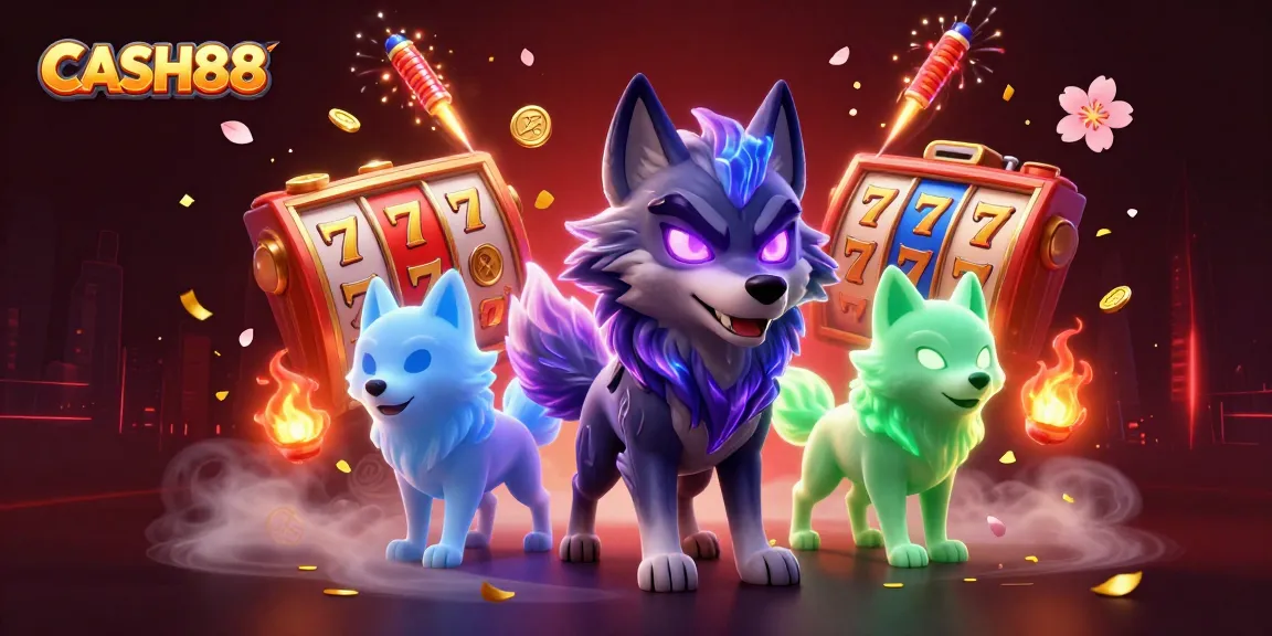 CASH88 attracts players with vibrant slots, ghostly wolves, and festive casino elements in an immersive gaming scene.