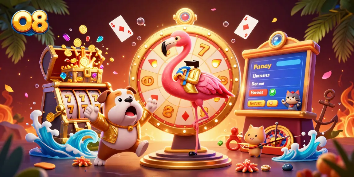 Engage with O8's thrilling prize wheel scene featuring casino elements and vibrant characters.