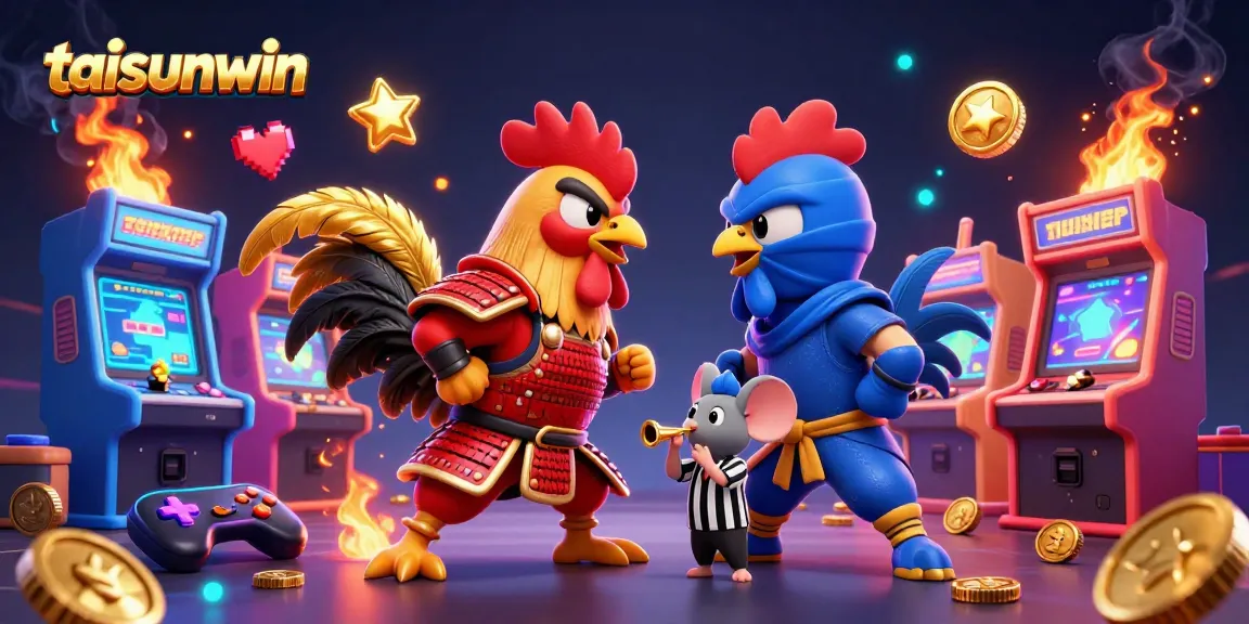 Experience excitement at taisunwin with cartoon fighting roosters in a dynamic casino scene.