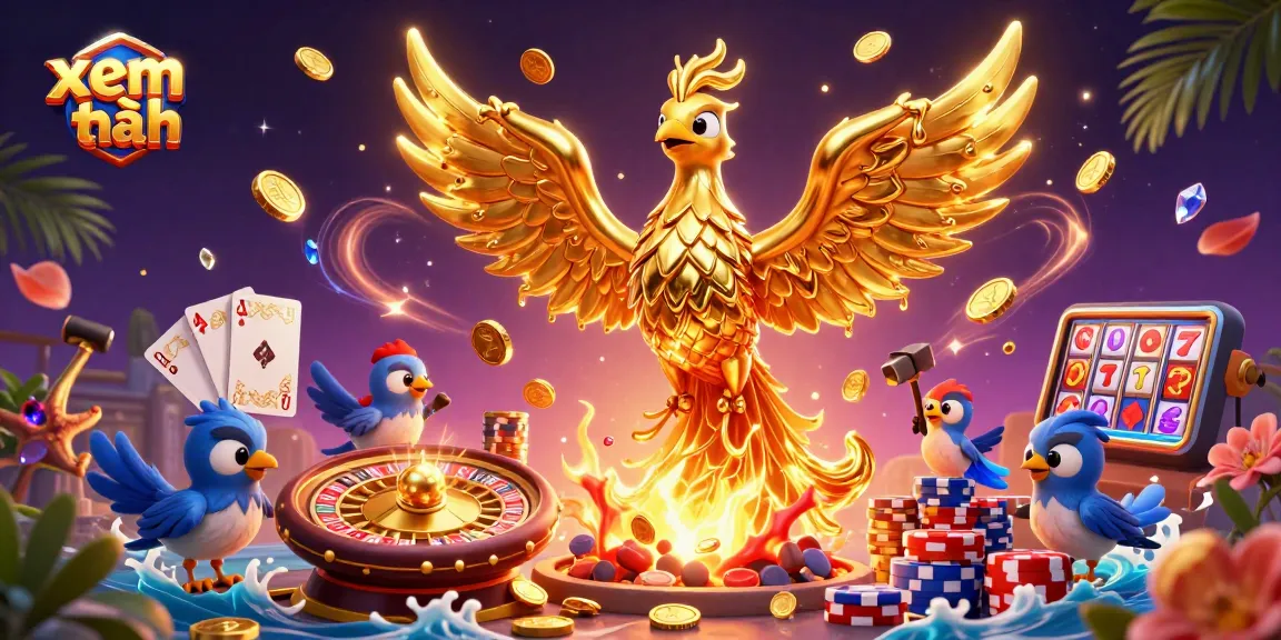 Xem thêm dynamic golden phoenix and gaming elements soaring through a vibrant casino scene.