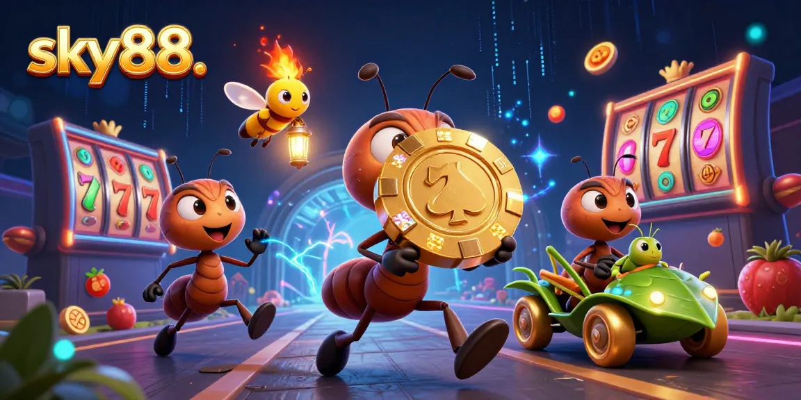 Engage in thrilling gameplay at sky88. with vibrant slot reels and animated casino characters on a vibrant backdrop.