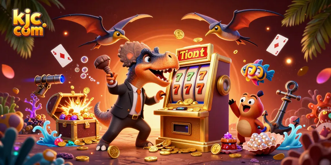 Spin the jackpot at kjc com while a dinosaur headbutts a golden slot machine.
