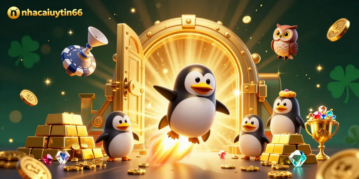 nhacaiuytin66 showcases a stunning 3D illustration featuring a golden penguin racing toward casino riches.