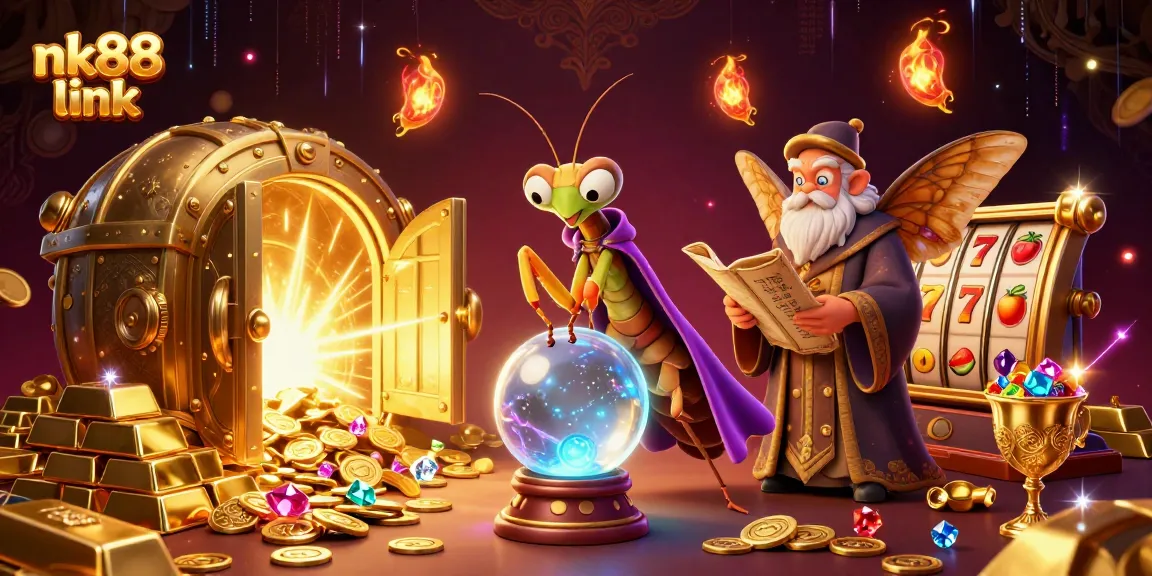 Experience the thrill of the nk88 link as a praying mantis fortune teller guides you through colorful slots and treasures.