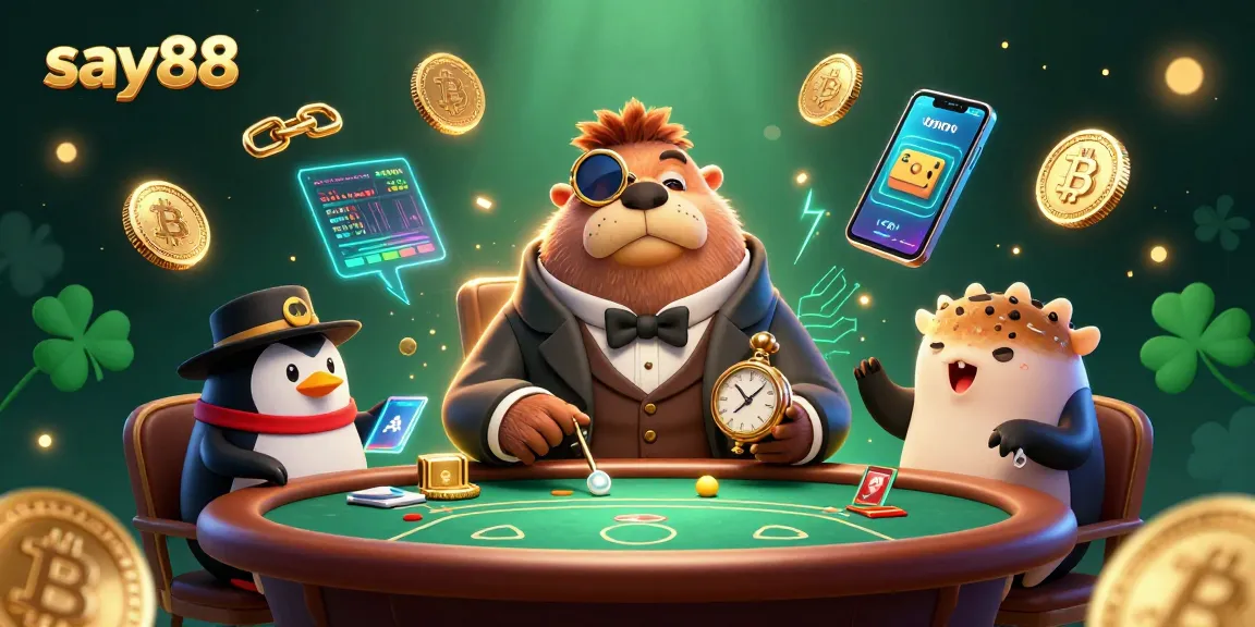 Experience thrilling gameplay at say88 with a jolly walrus playing poker at an underwater table.