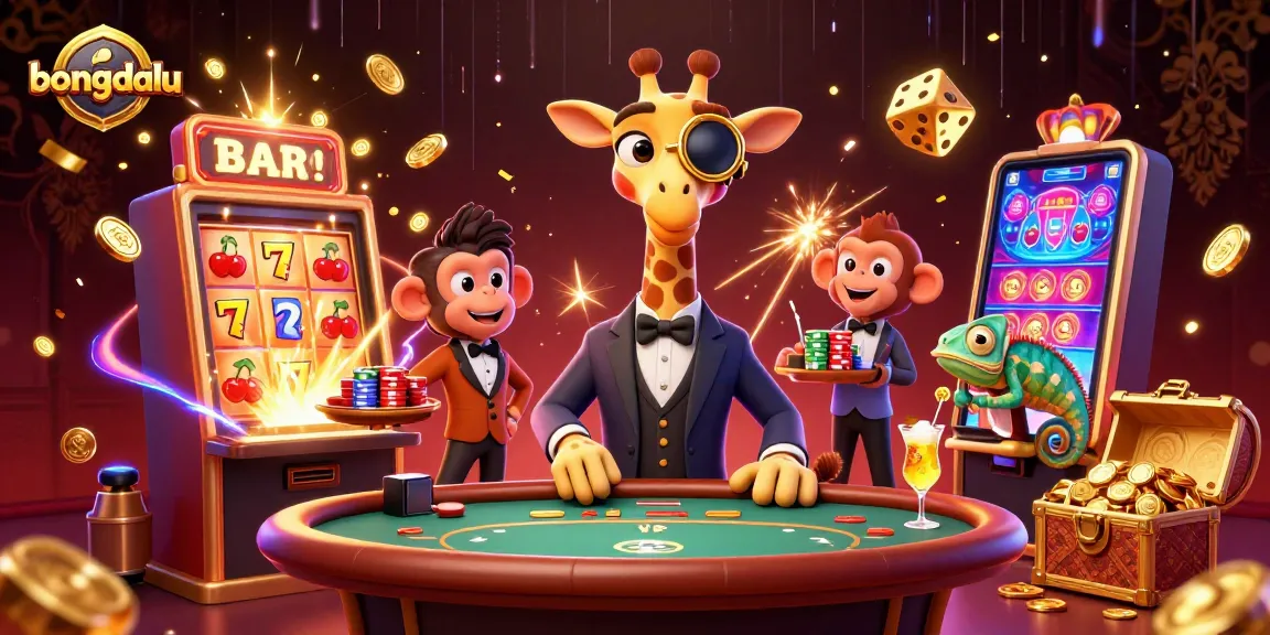 Bongdalu offers thrilling casino experiences with a vibrant giraffe at a poker table, showcasing excitement and winnings.