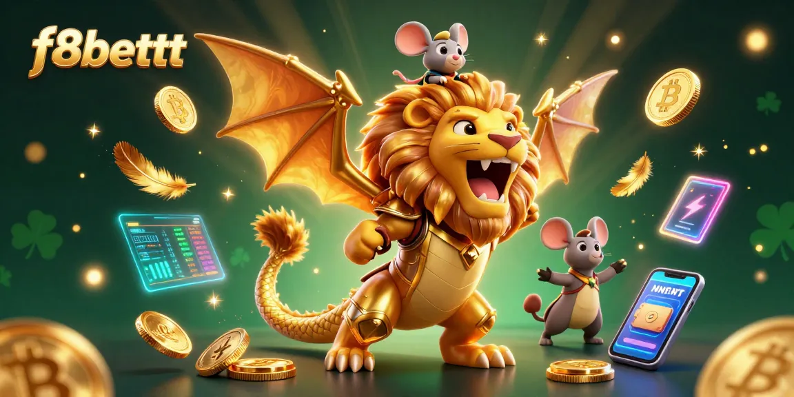 Engage with f8bettt's thrilling gaming experience, featuring a victorious golden chimera and dynamic crypto elements.