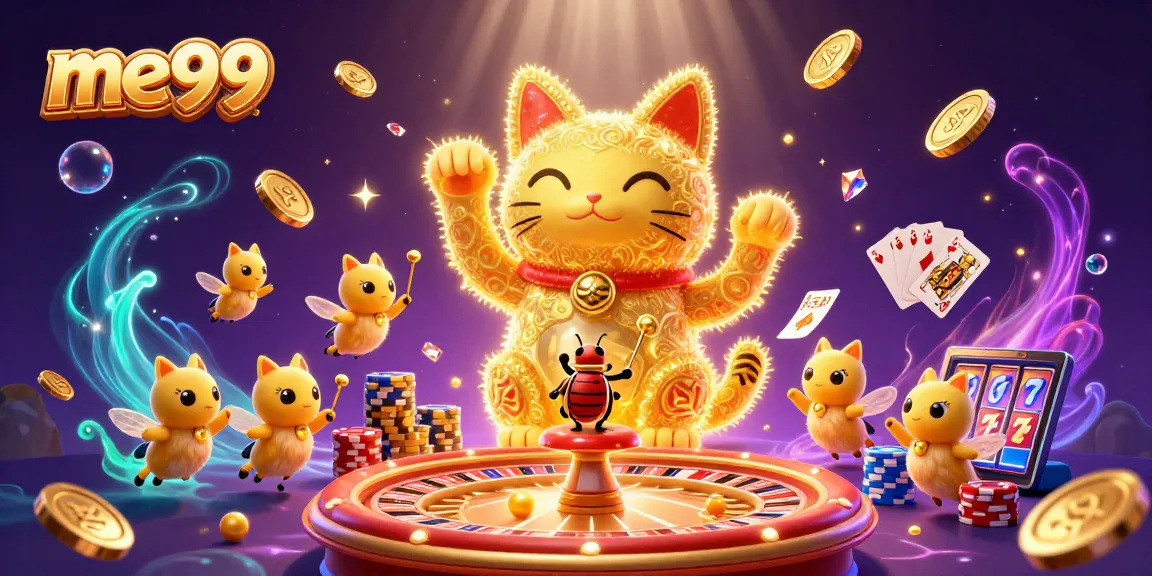 Experience the excitement of me99 with a golden lucky cat and dynamic casino elements in a vibrant scene.