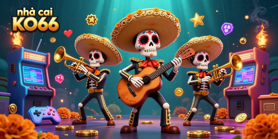 Experience the thrilling world of nhà cái KO66 with vibrant gaming elements and colorful 3D mariachi characters.