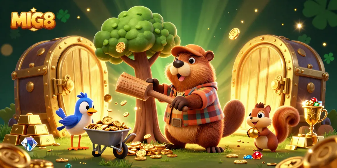 MIG8 players win in a vibrant scene as beaver, bird, and squirrel celebrate coin rains and treasures.