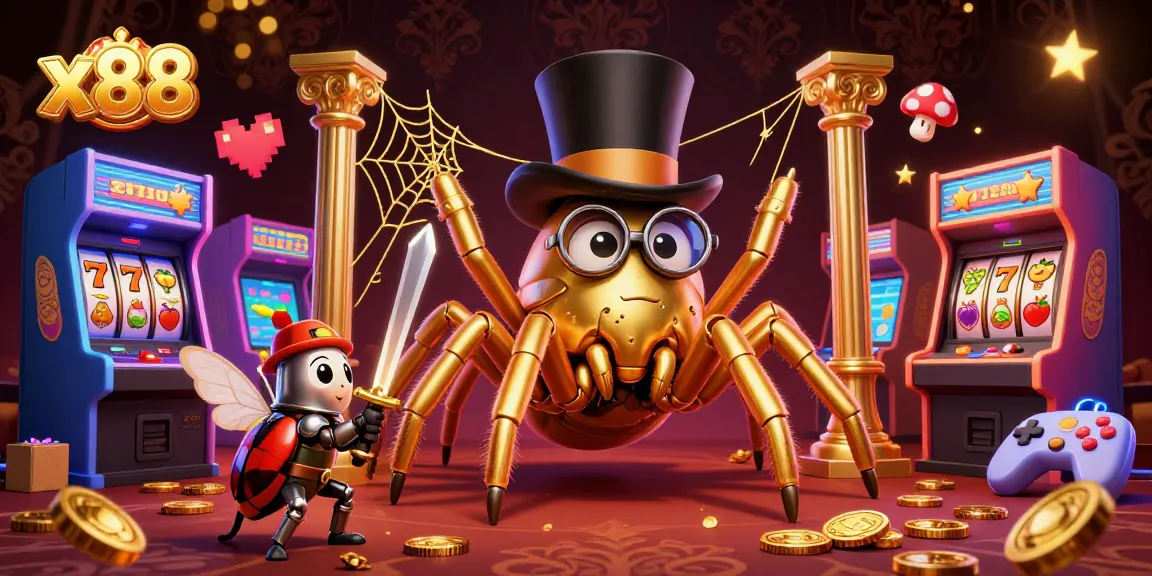 Experience x88's vibrant casino atmosphere with a golden tarantula and beetle knight.