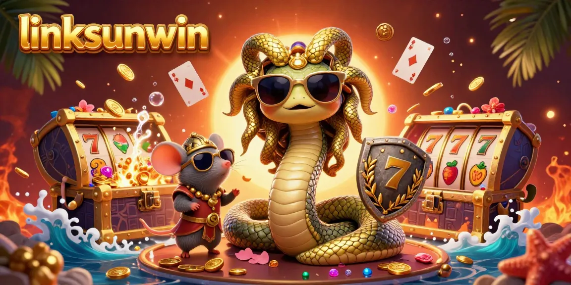 Experience thrilling gameplay at linksunwin with a friendly Medusa and warrior mouse in a vibrant casino scene.
