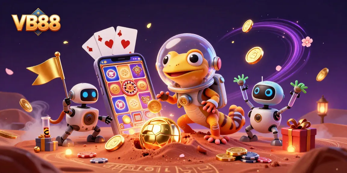 Play VB88 with a Martian gecko in a retro casino, spinning slot games and golden coins.