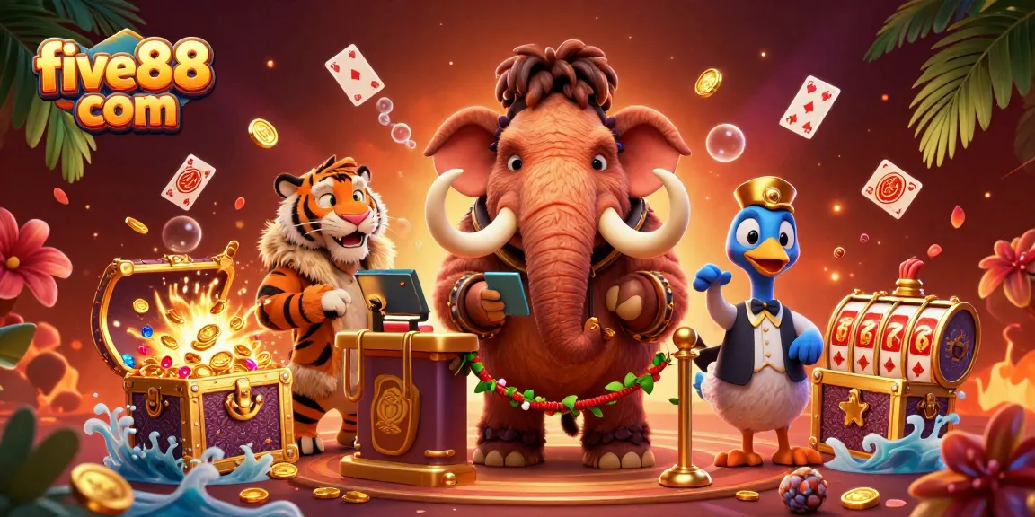 Experience the fun at five88 com with exciting casino adventures in a vibrant illustration.