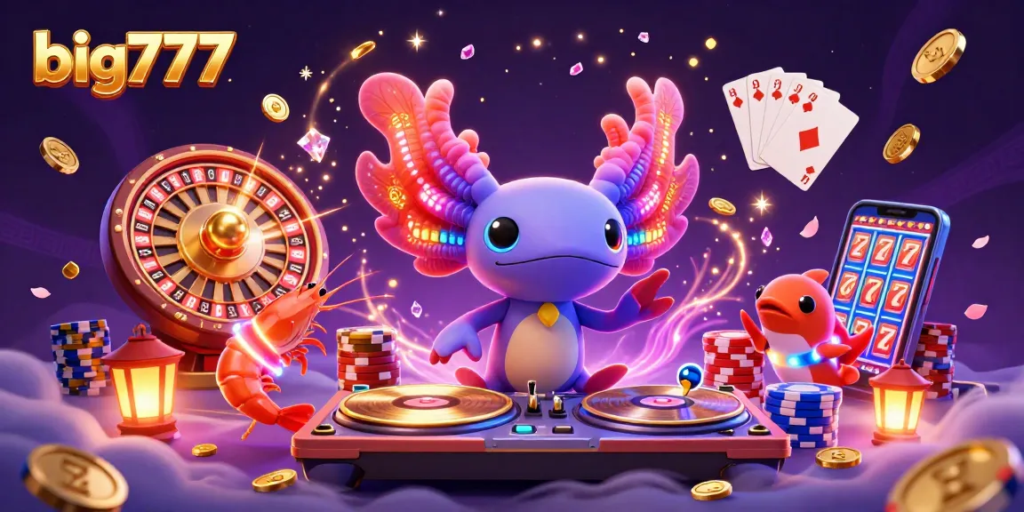 Spin to win with big777: A vibrant casino scene featuring a colorful DJ, dancing shrimp, and golden coins flying.