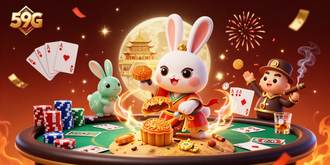 Engage with 59G's vibrant casino scene featuring moon rabbits and poker chips.