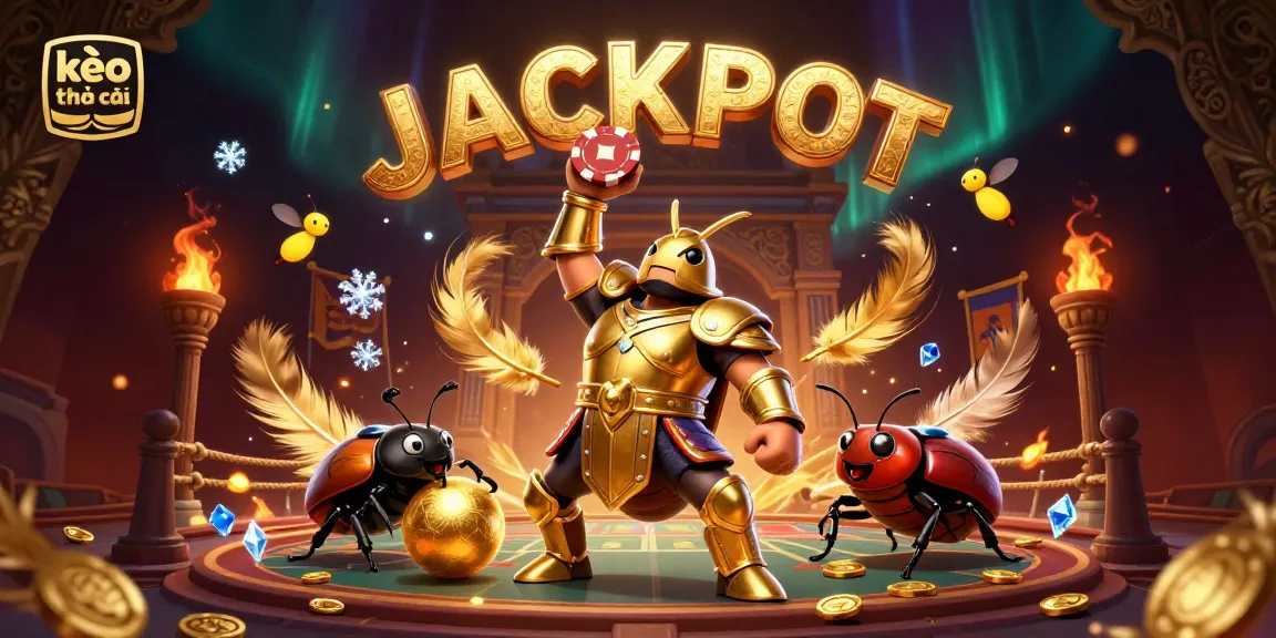 Engage with kèo nhà cái insights as a 3D cartoon beetle lifts a poker chip in victory, surrounded by golden betting tokens.