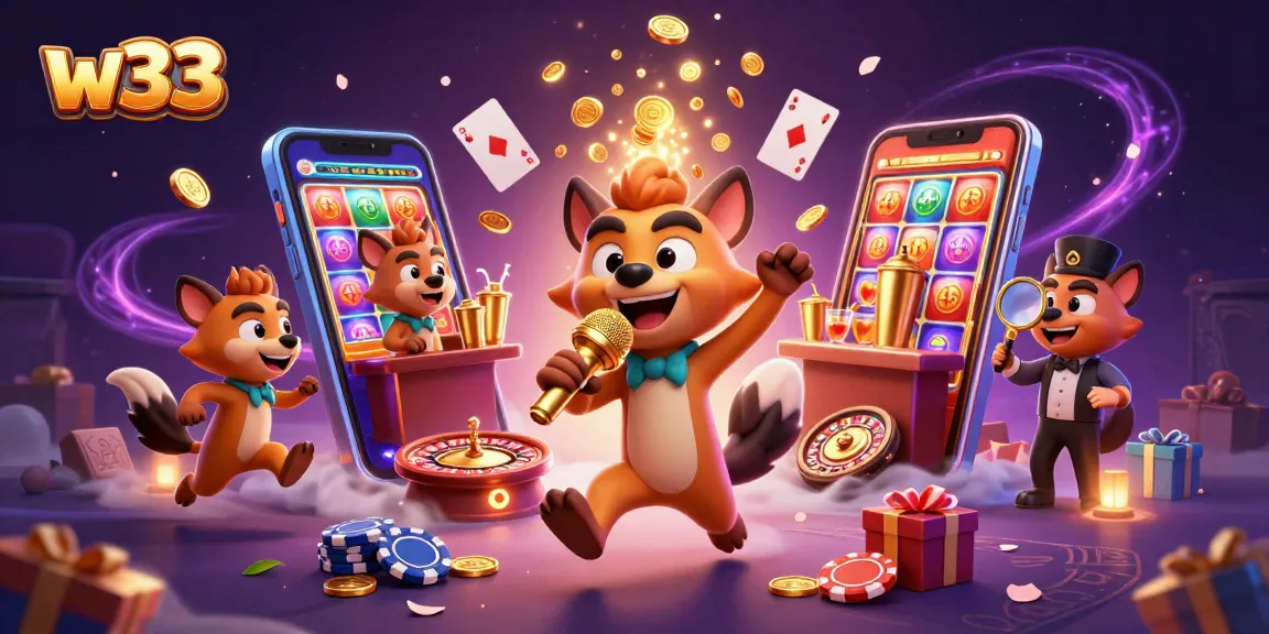 Join the fun at w33 casino with hyenas running a comedy club, featuring engaging games and vibrant atmosphere.