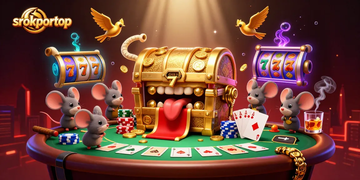 Experience the thrill of srokportop with vibrant slot reels, poker chips, and treasure chests in a magical casino scene.