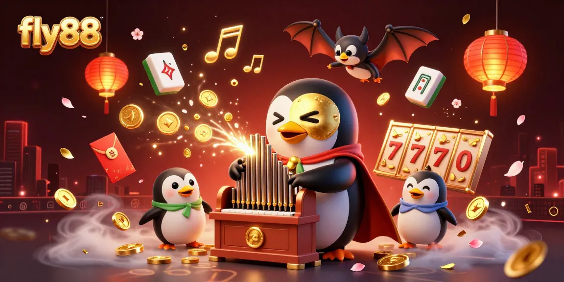Experience fly88's vibrant gaming scene with an elaborate 3D casino illustration filled with festive elements.