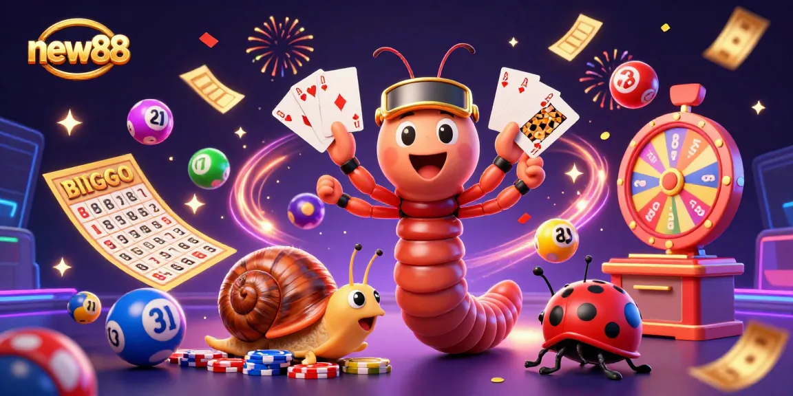 Engaging new88 casino scene with a millipede dealer and colorful elements celebrating luck and winnings