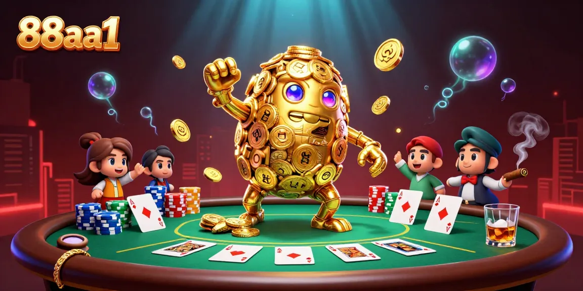 Revel in the excitement of 88aa1 with this dynamic 3D gambling scene featuring a golden golem amidst a vibrant poker setting.