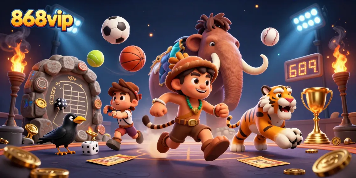 Engage with 868vip as a playful caveman and sabertooth tiger run a unique casino.