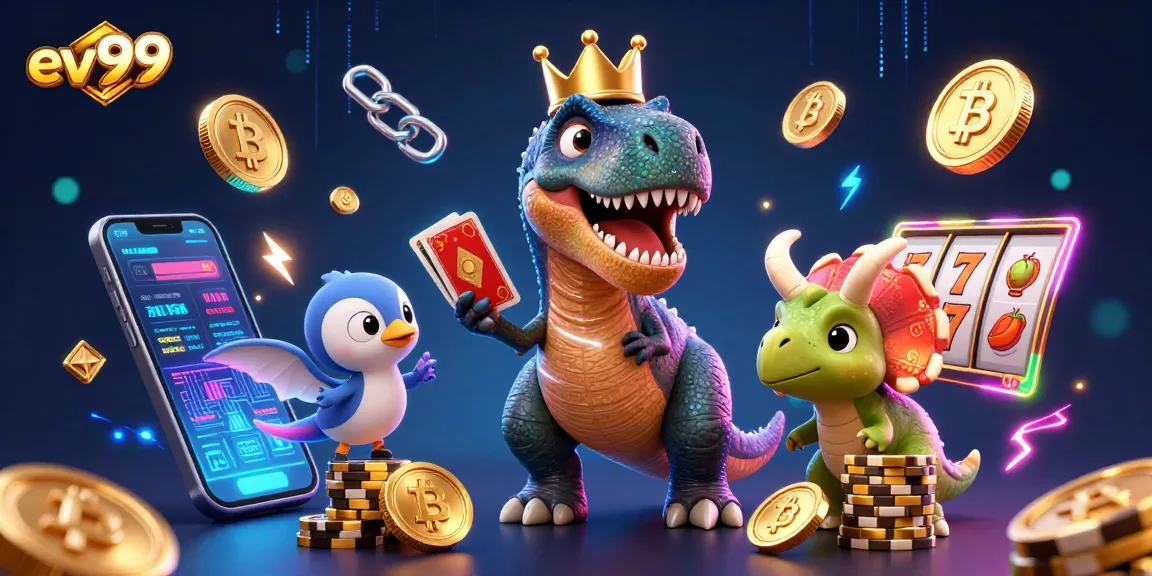 Play and win at ev99 as T-Rex shuffles cards in this lively casino scene.
