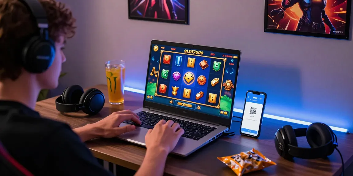 Exciting online gaming scene featuring slot7000 gameplay on laptop with vibrant graphics.