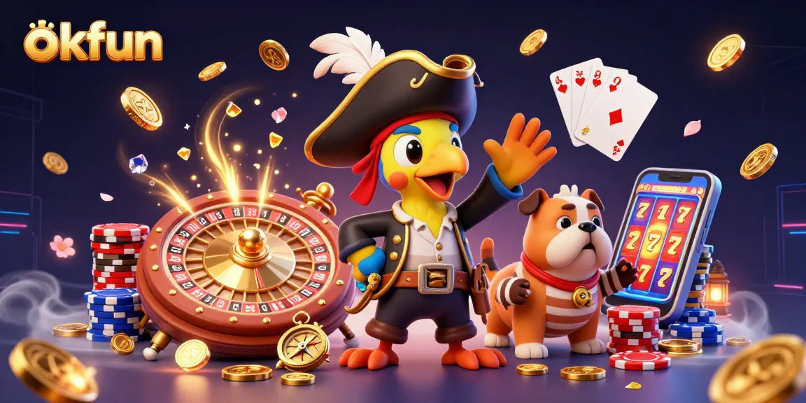 Experience thrilling action with okfun's 3D casino adventure featuring pirate and pets amidst sparkling treasures.