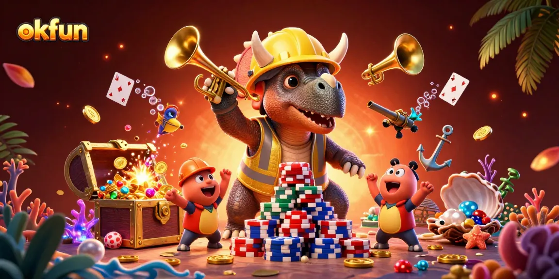 Experience thrilling gameplay at okfun with vibrant casino illustrations showcasing playful characters.