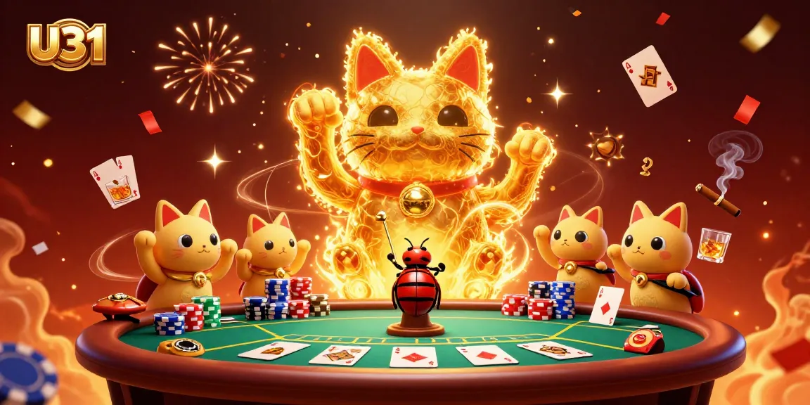 Experience U31's vibrant casino world filled with a lucky cat and engaging poker elements.